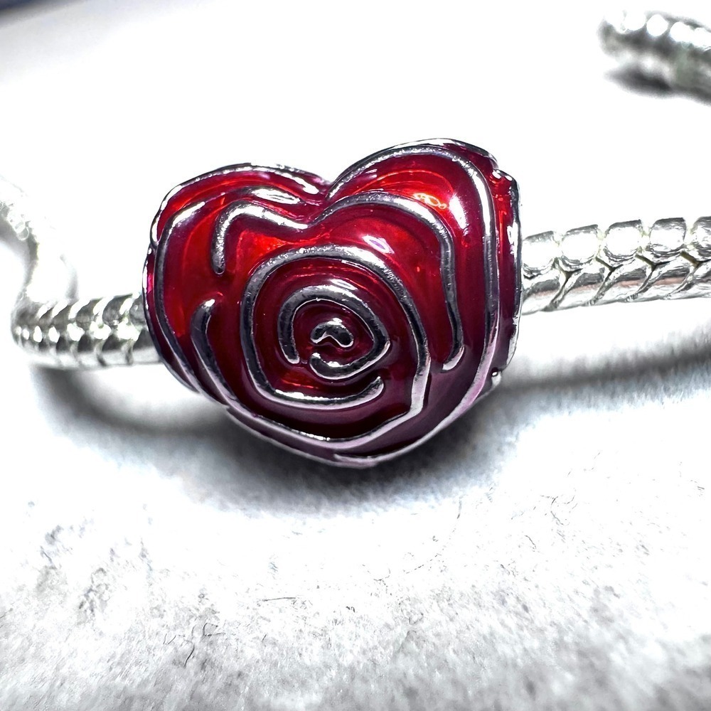 Heart Rose Charm Bead Red Enamel Silver Tone fits Pandora - Picture 11 of 11